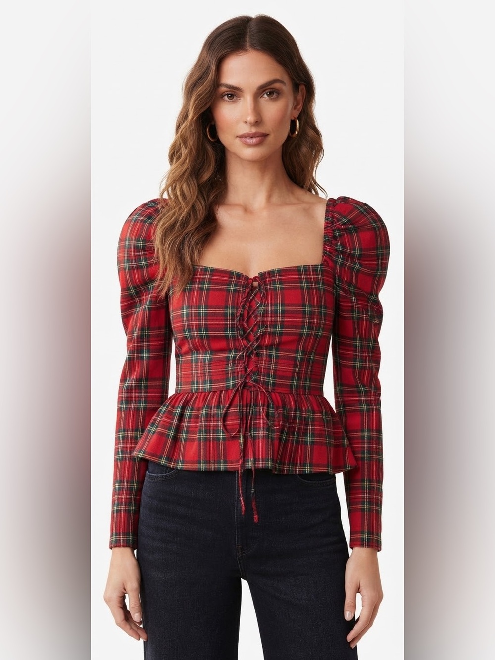 NWT Antonio Melani Red Plaid Elvira Blouse Puff Sleeve Peplum Top Size 4